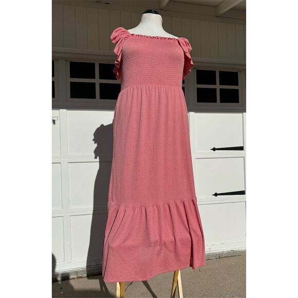 Liberty Love Dresses & Skirts - Liberty Love Women's 2XL Pink Smocked Tiered Midi Dress Short Sleeve Ruffle